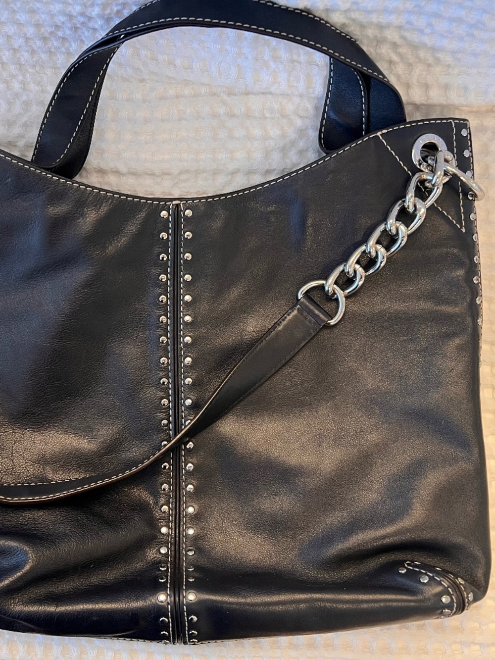 Michael Kors Navy Leather Hobo Bag Silver Chain Studded Slouchy Shoulder Bag